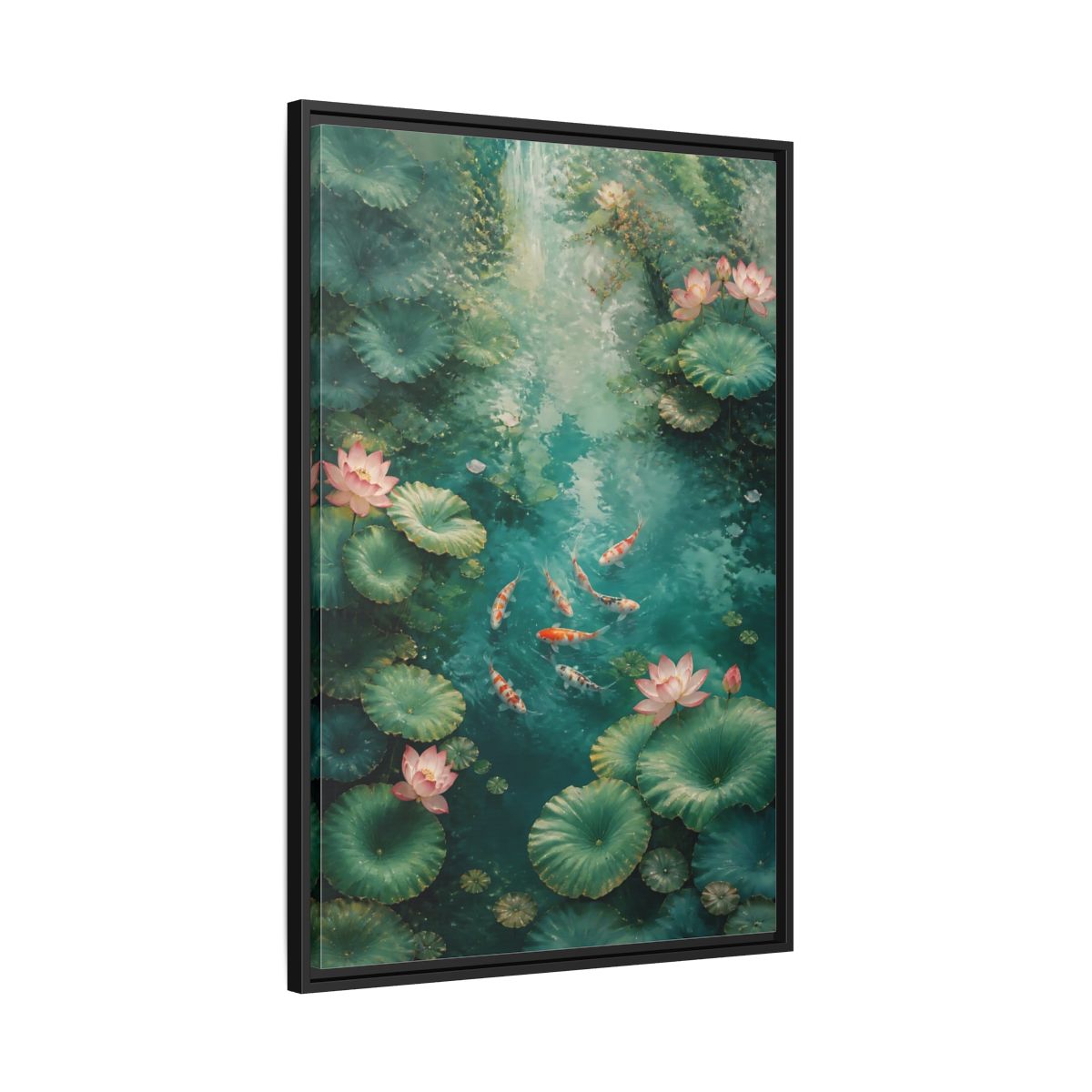 Side Mockup 13. Nature Koi Fish Green And Pink Lotus shown as stretched canvas wall art