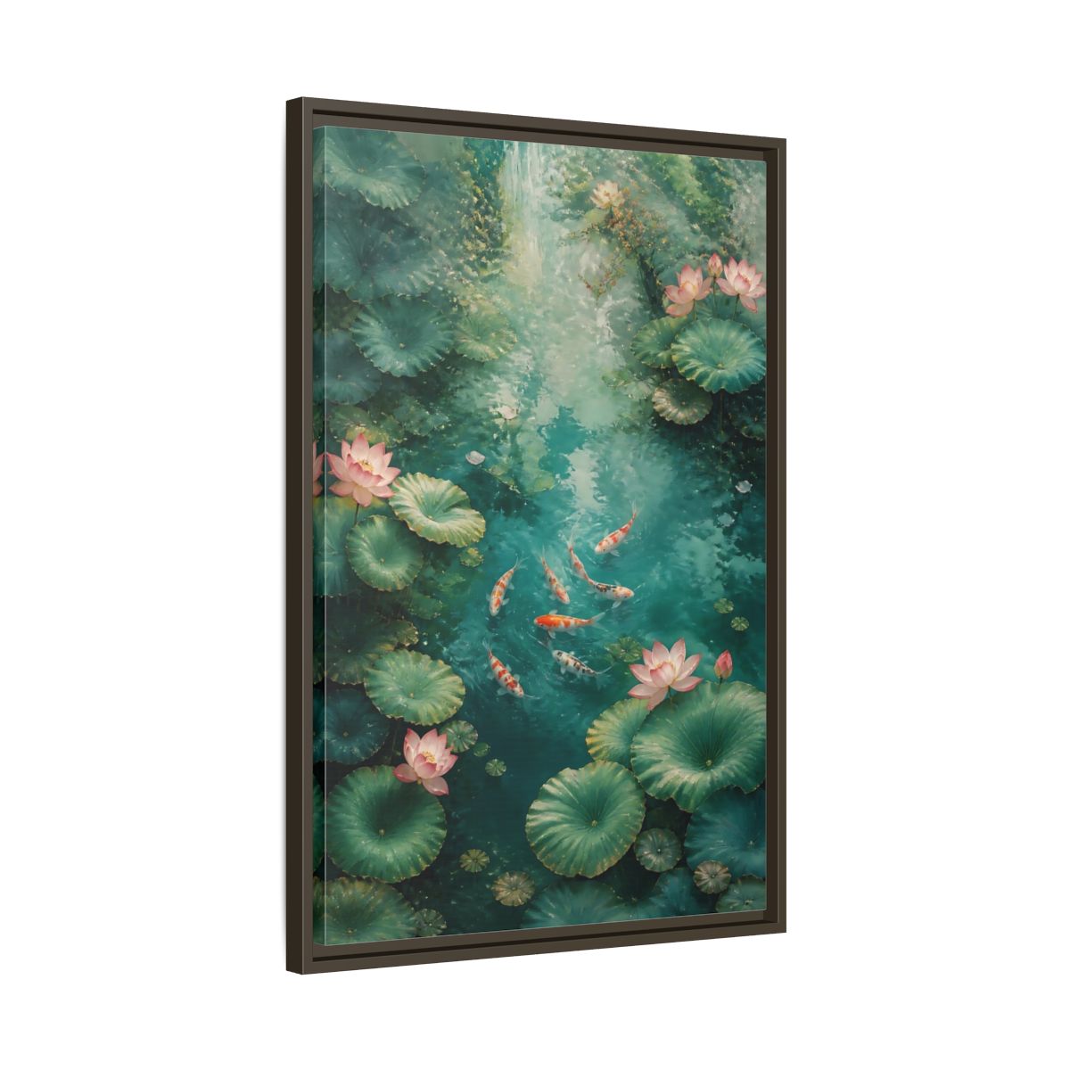 Side Mockup 11. Nature Koi Fish Green And Pink Lotus shown as stretched canvas wall art