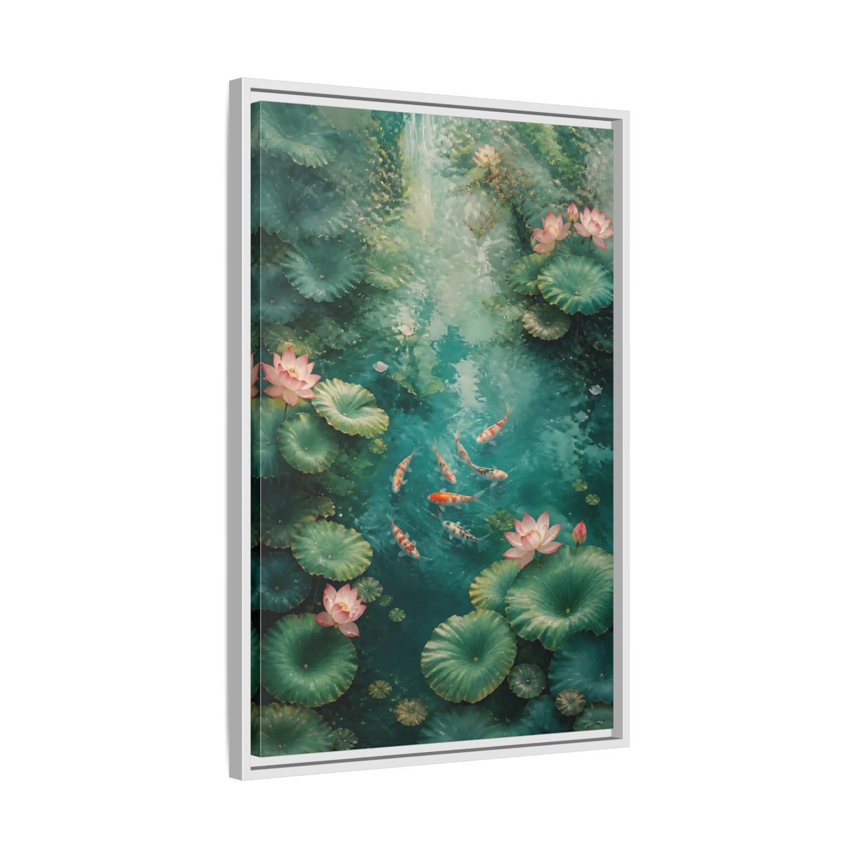Side Mockup 10. Nature Koi Fish Green And Pink Lotus shown as stretched canvas wall art