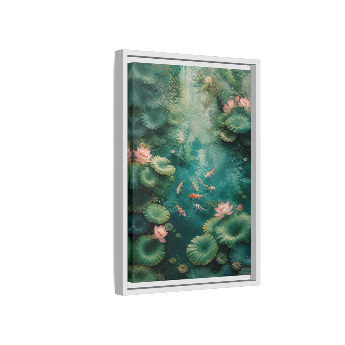Side Mockup 4. Nature Koi Fish Green And Pink Lotus shown as stretched canvas wall art