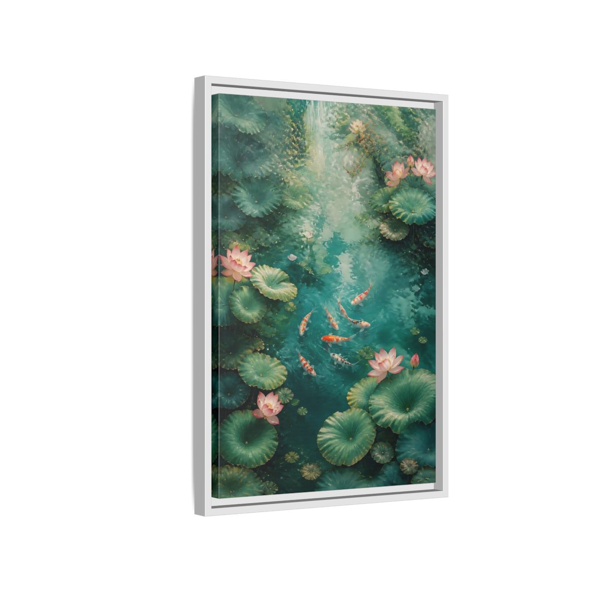 Side Mockup 1. Nature Koi Fish Green And Pink Lotus shown as stretched canvas wall art