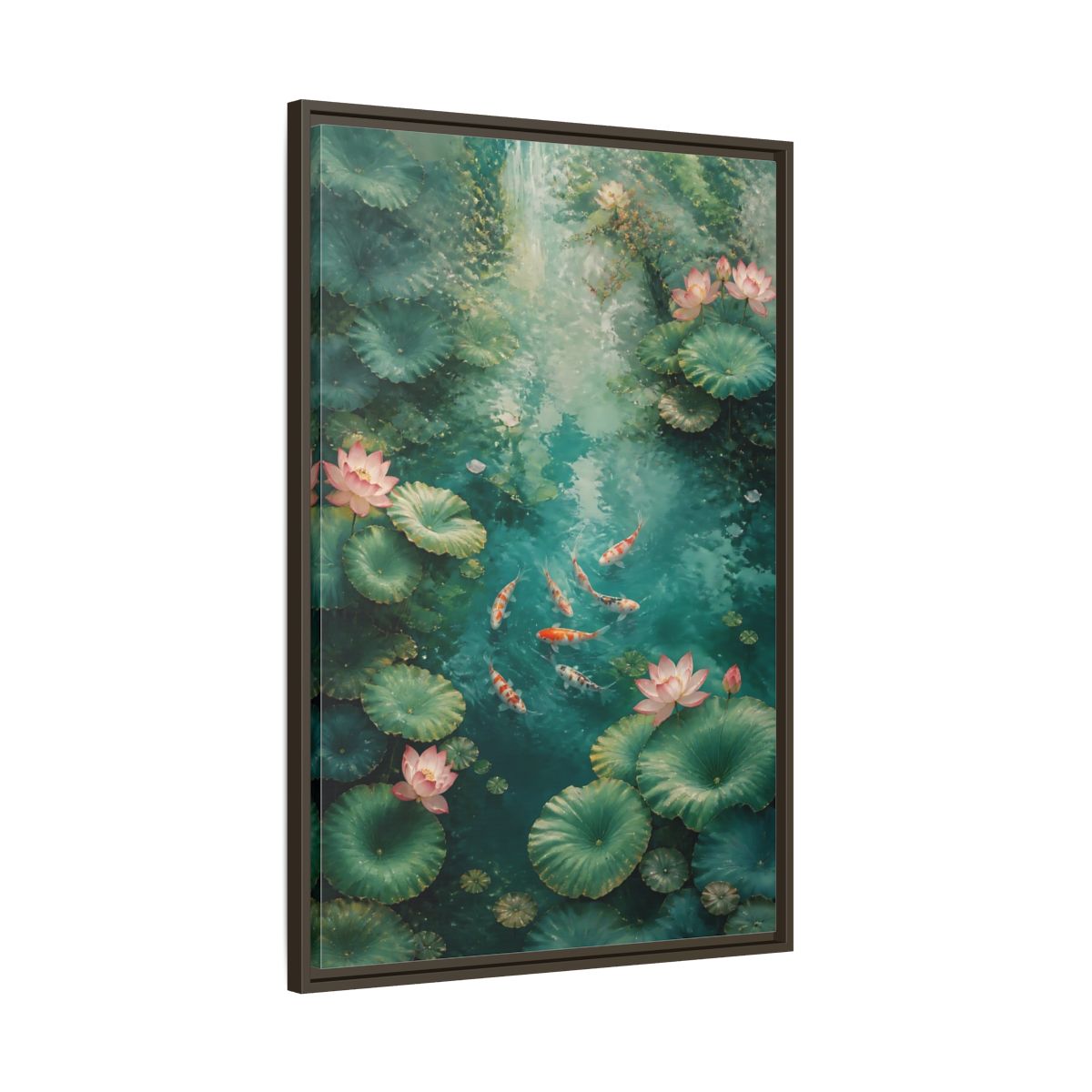 Main Mockup. Nature Koi Fish Green And Pink Lotus shown as stretched canvas wall art
