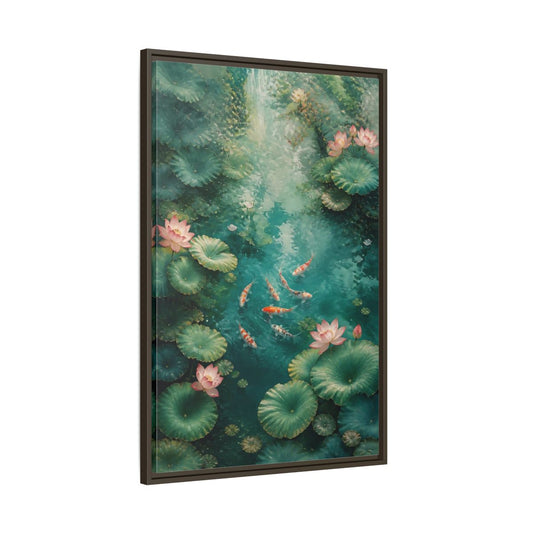 Main Mockup. Nature Koi Fish Green And Pink Lotus shown as stretched canvas wall art