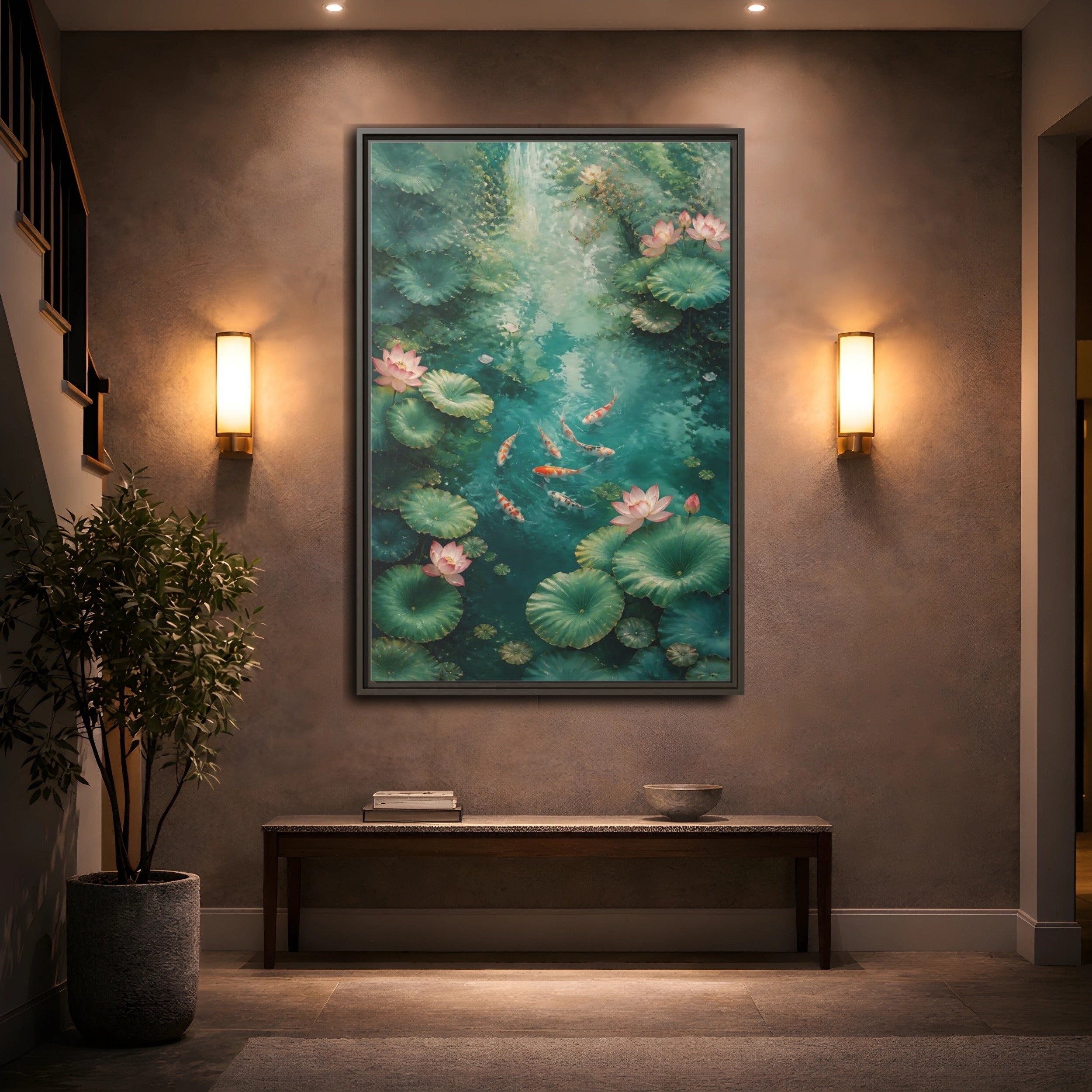 Mockup 2. Nature Koi Fish Green And Pink Lotus shown as stretched canvas wall art