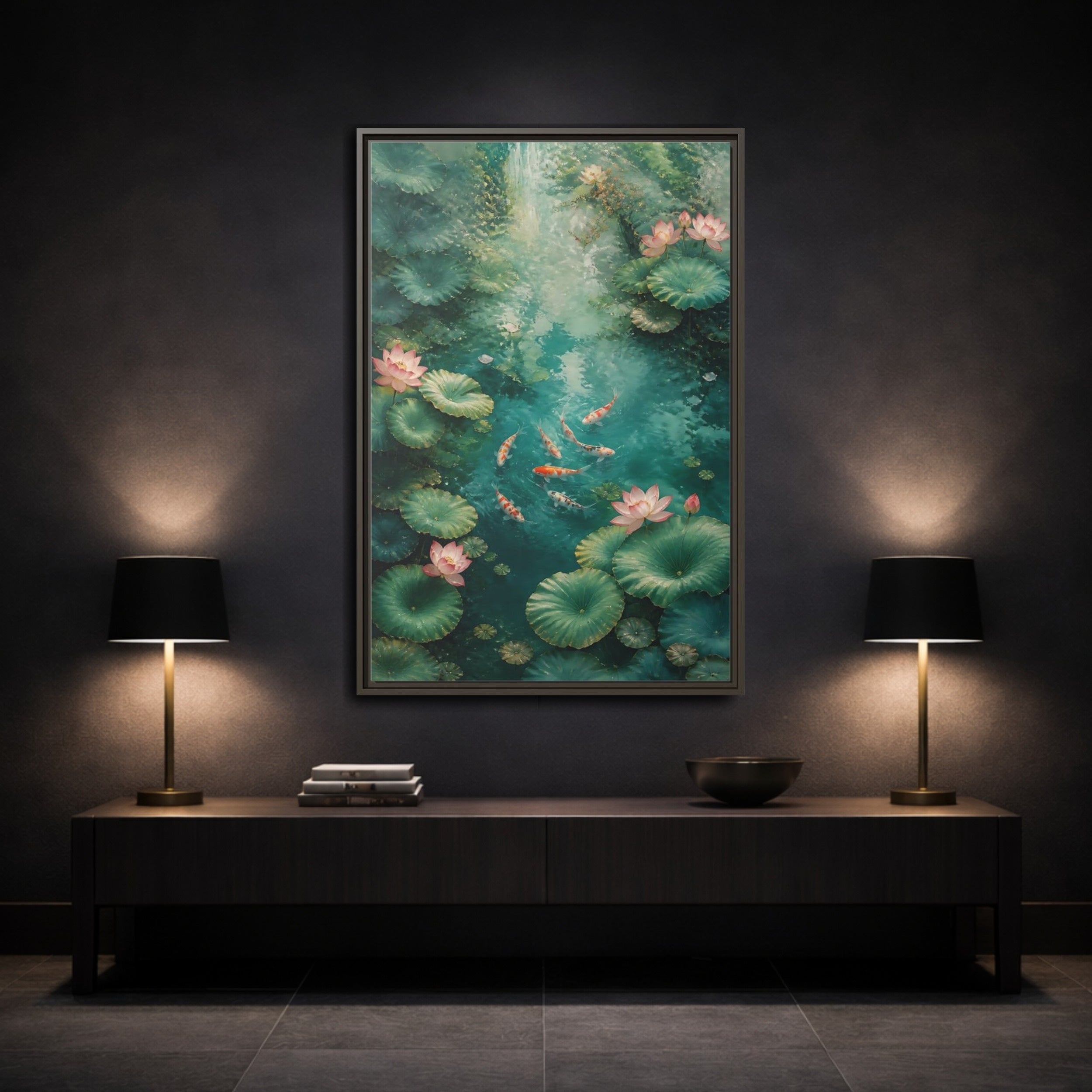 Mockup 3. Nature Koi Fish Green And Pink Lotus shown as stretched canvas wall art
