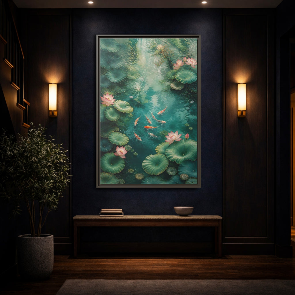 Mockup 4. Nature Koi Fish Green And Pink Lotus shown as stretched canvas wall art