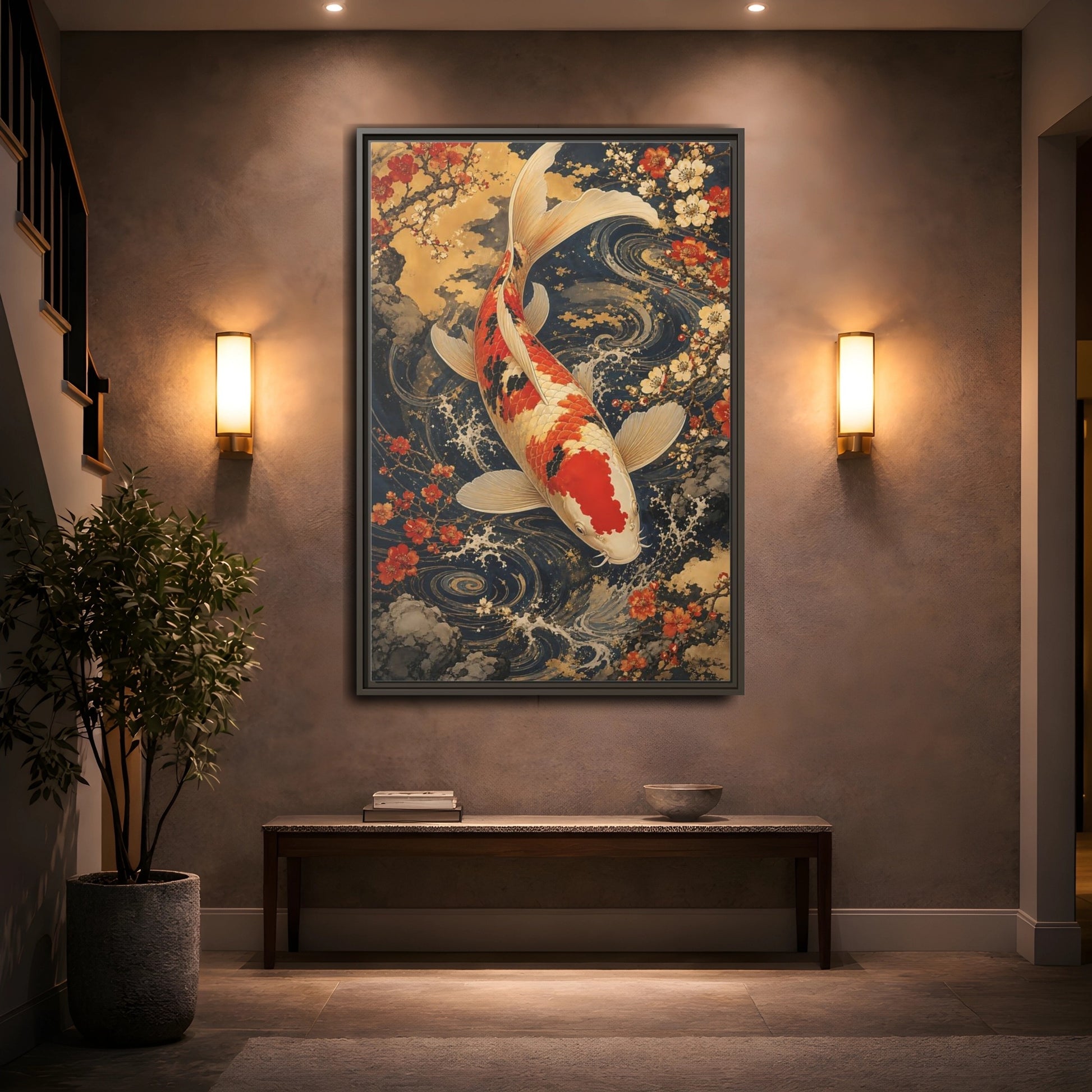 Mockup 2. Nature Koi Fish Japanese Koi shown as stretched canvas wall art