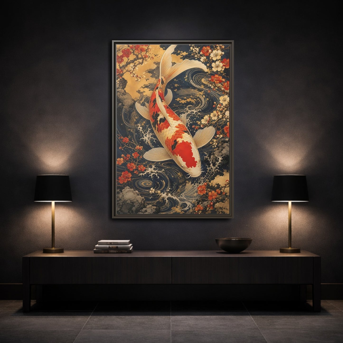 Mockup 3. Nature Koi Fish Japanese Koi shown as stretched canvas wall art