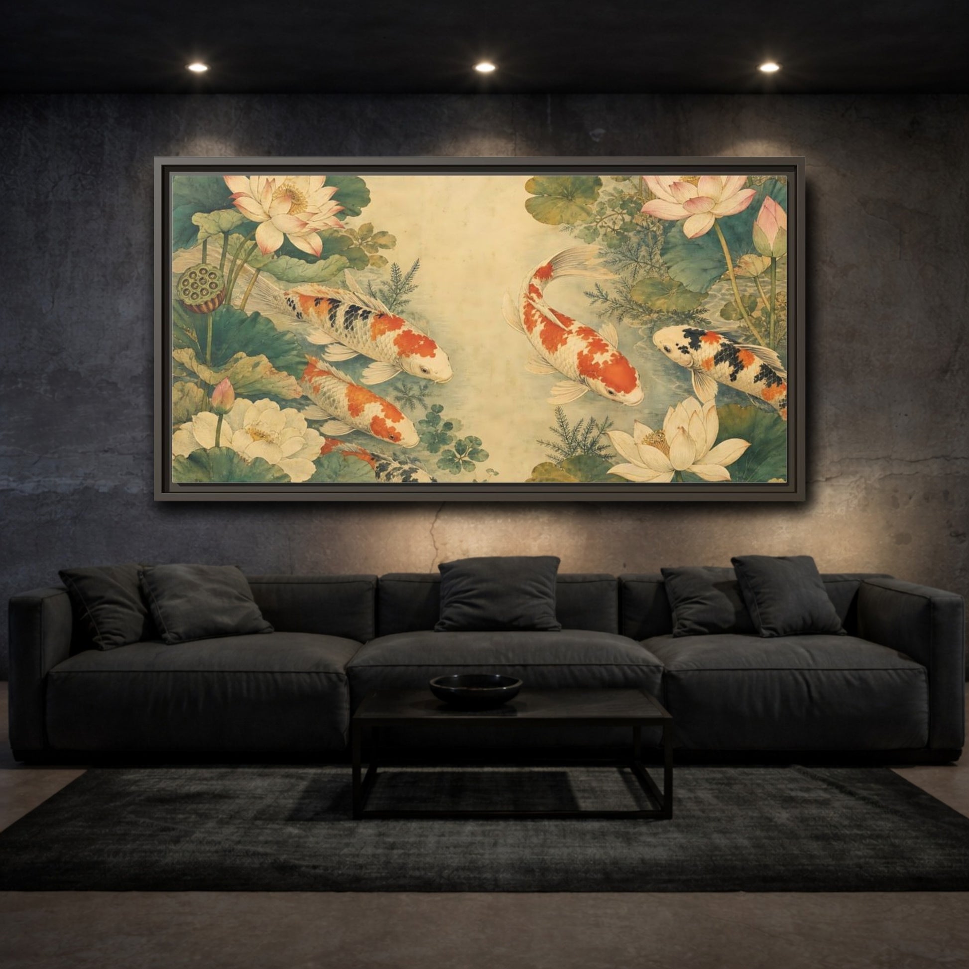 Mockup 3. Nature Koi Fish Koi Lotus Pond shown as stretched canvas wall art