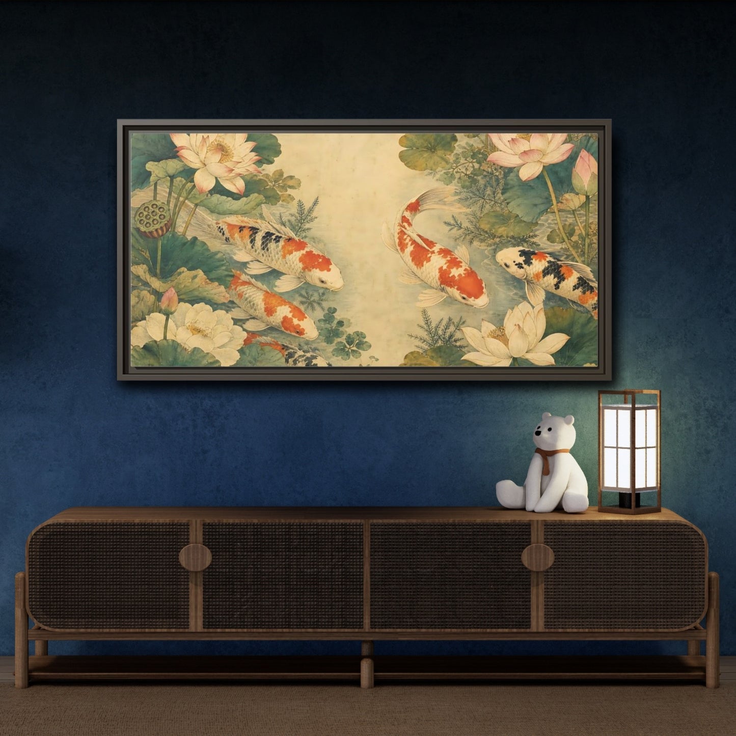 Mockup 4. Nature Koi Fish Koi Lotus Pond shown as stretched canvas wall art