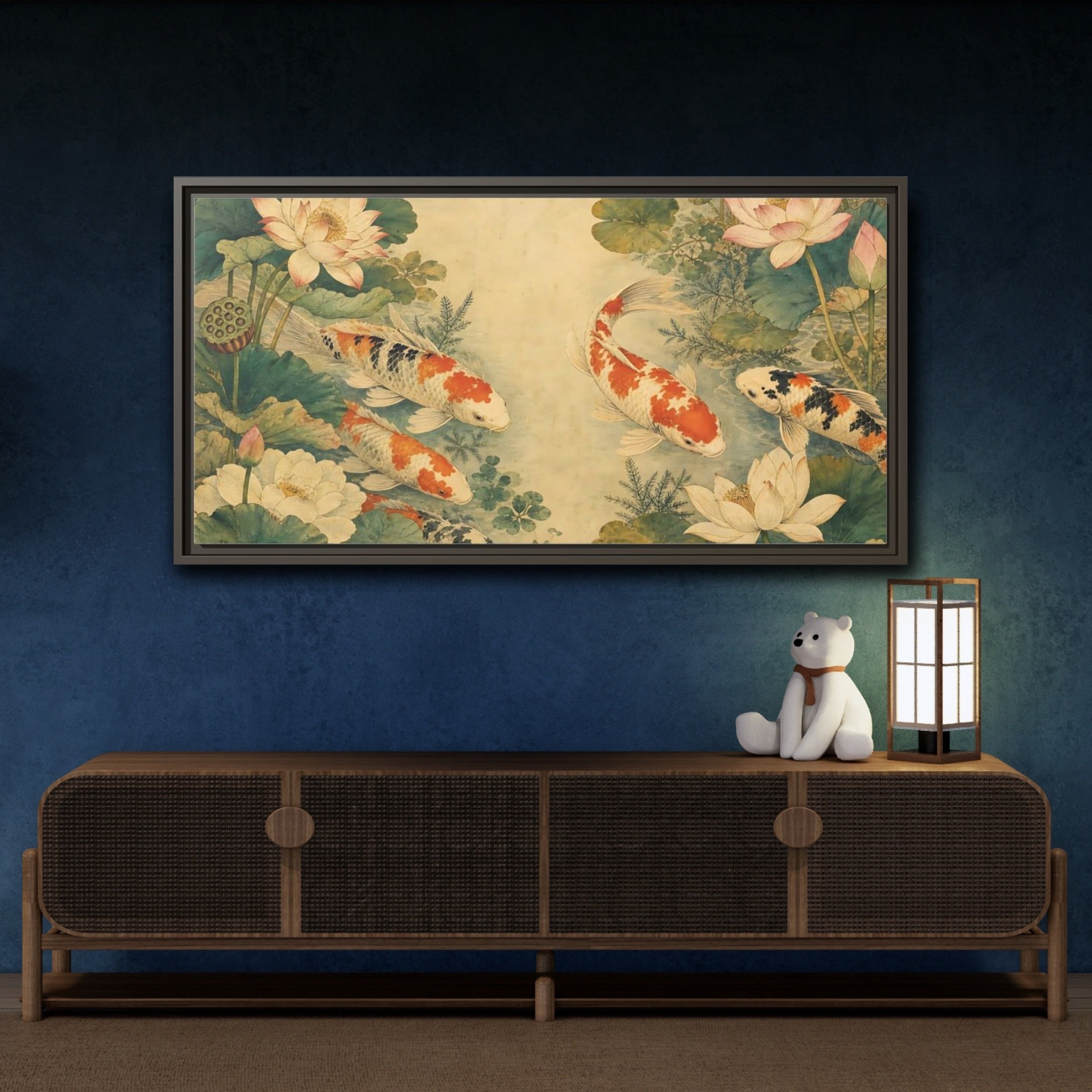 Mockup 4. Nature Koi Fish Koi Lotus Pond shown as stretched canvas wall art