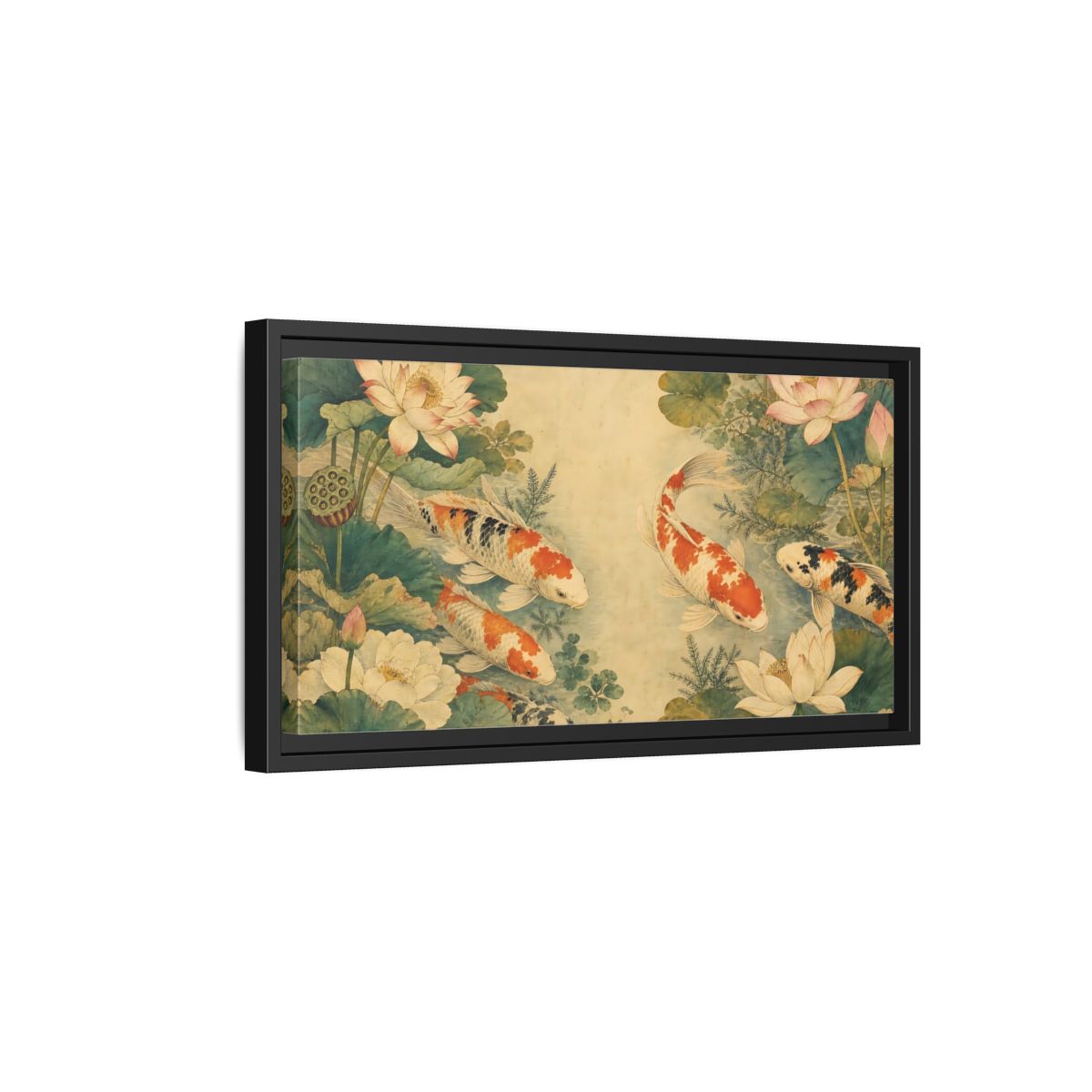 Side Mockup 8. Nature Koi Fish Koi Lotus Pond shown as stretched canvas wall art