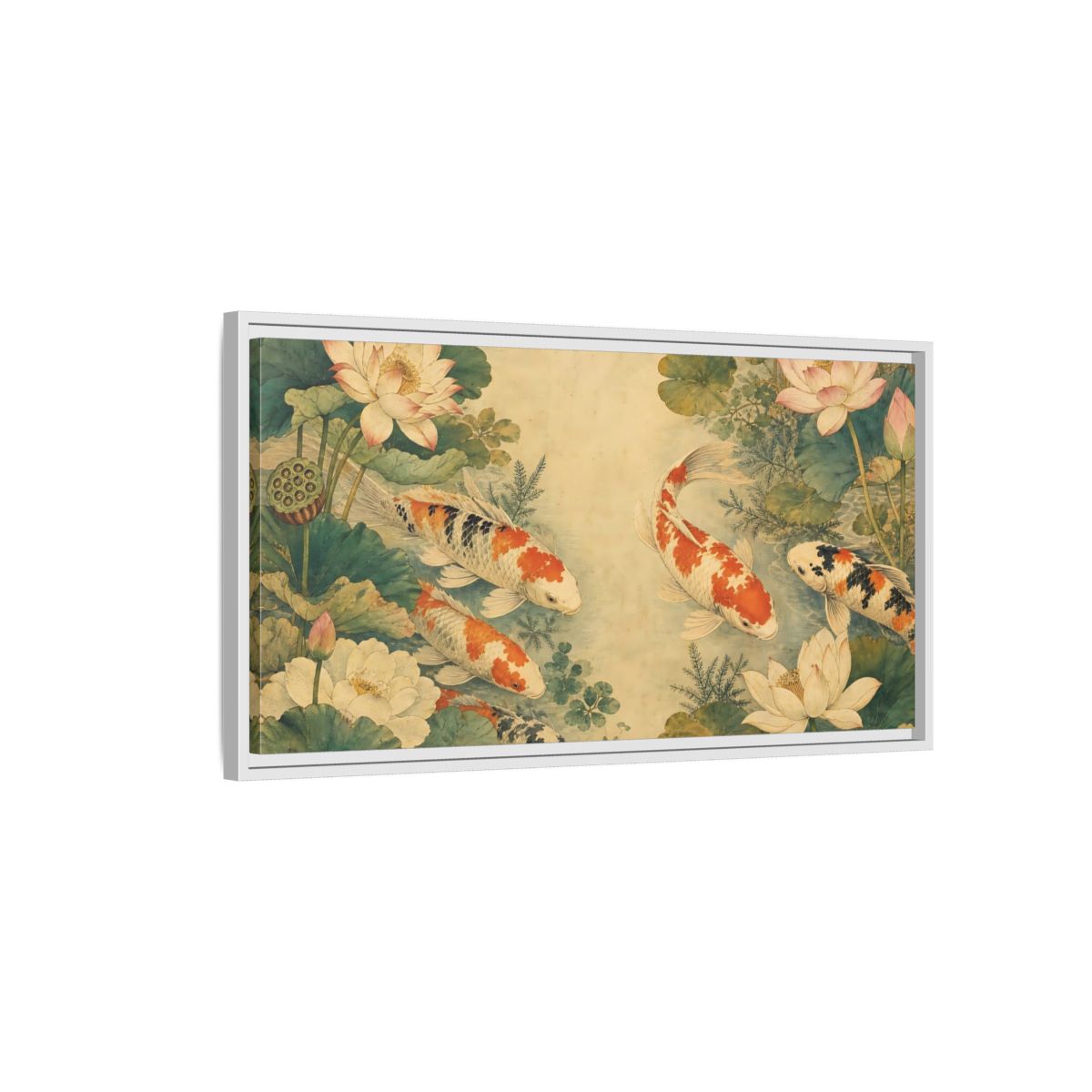 Side Mockup 1. Nature Koi Fish Koi Lotus Pond shown as stretched canvas wall art