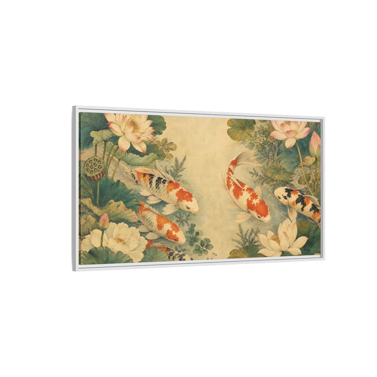 Side Mockup 3. Nature Koi Fish Koi Lotus Pond shown as stretched canvas wall art