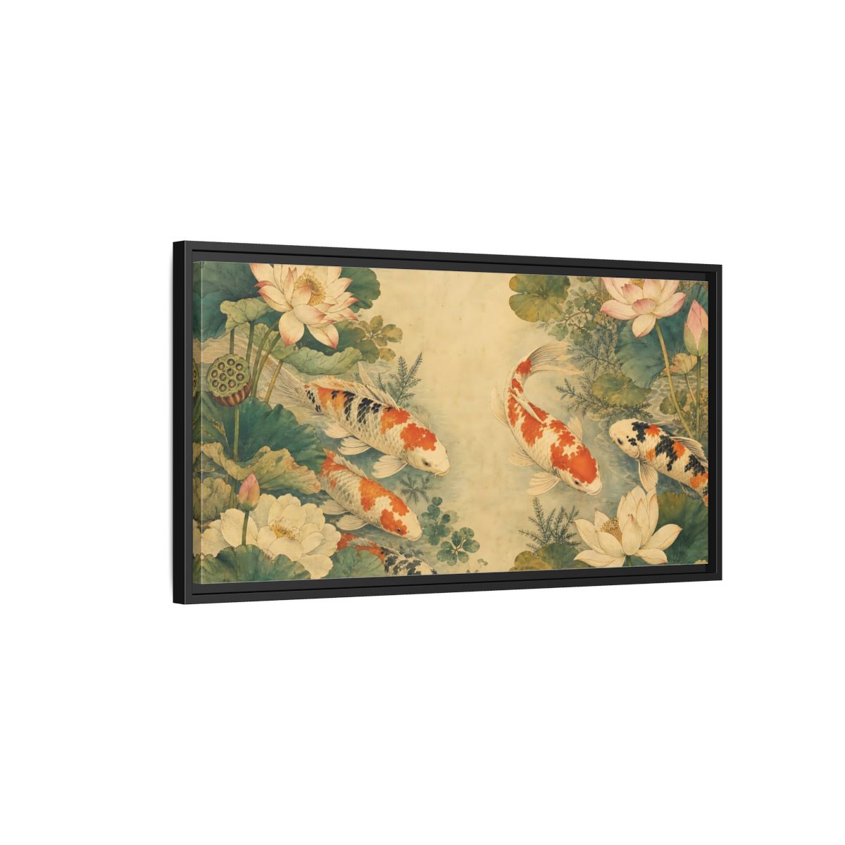 Side Mockup 2. Nature Koi Fish Koi Lotus Pond shown as stretched canvas wall art