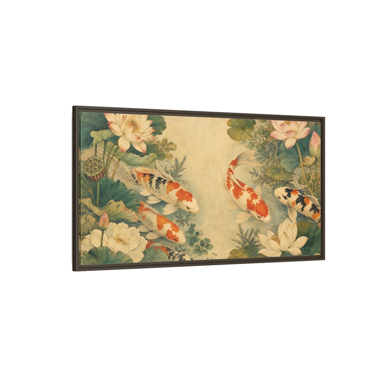 Side Mockup 4. Nature Koi Fish Koi Lotus Pond shown as stretched canvas wall art