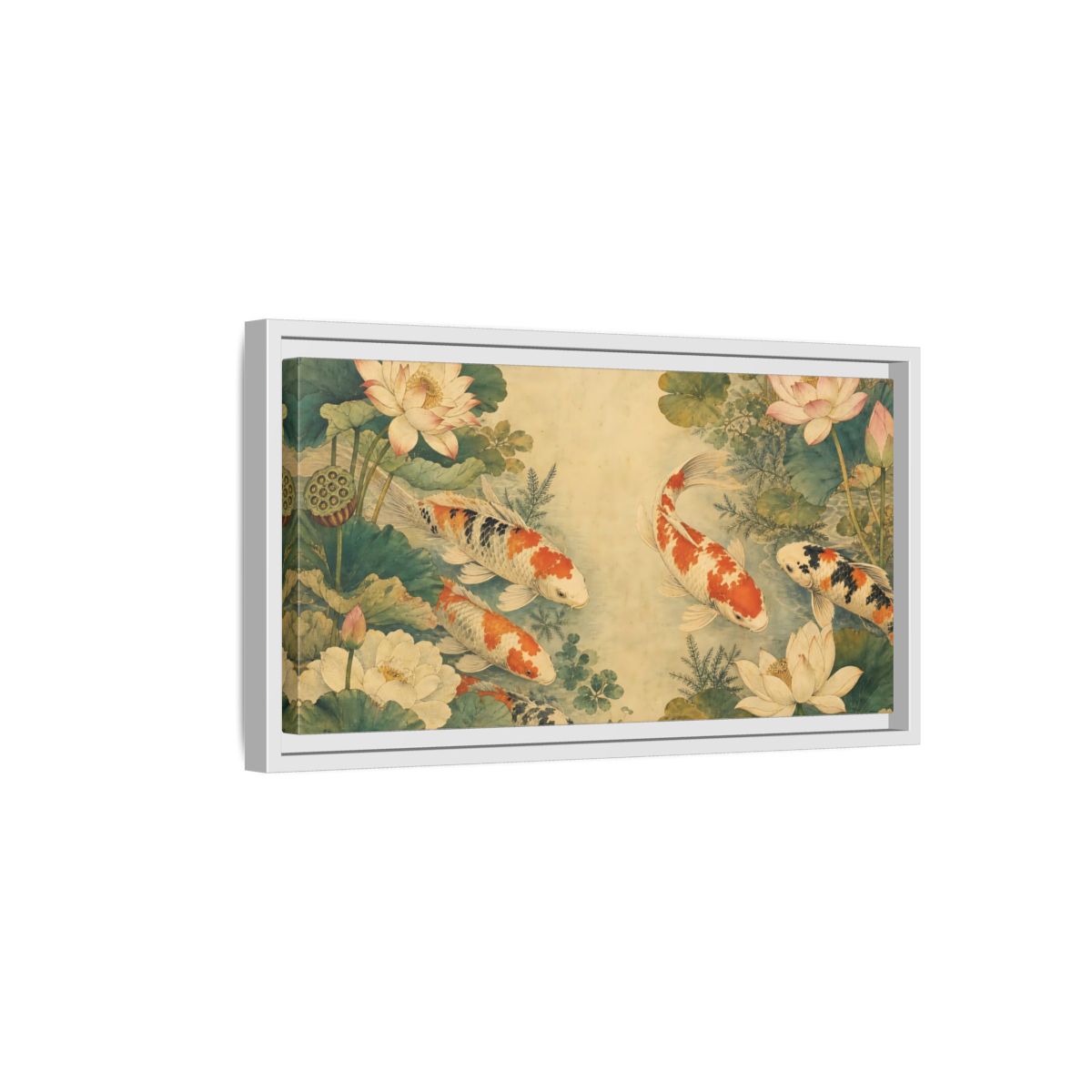 Side Mockup 6. Nature Koi Fish Koi Lotus Pond shown as stretched canvas wall art