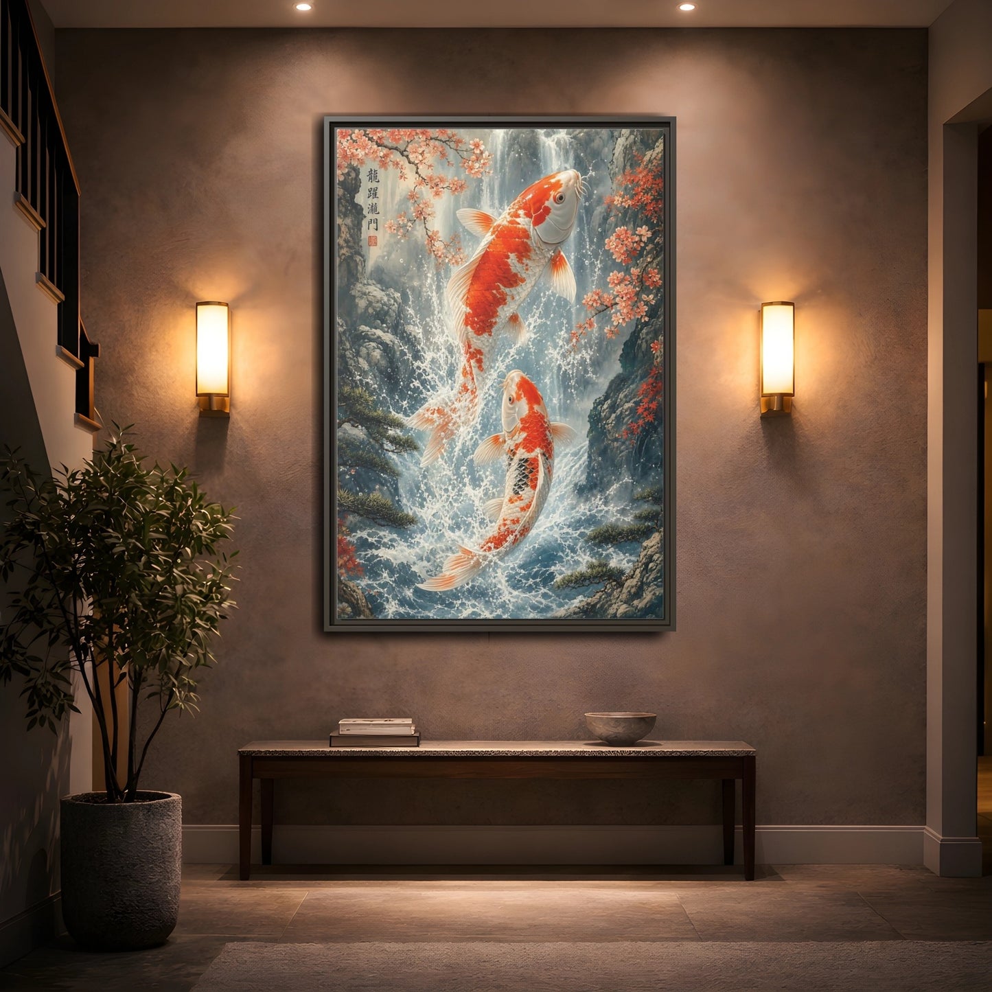 Nature Koi Fish Orange and White Framed Canvas Wall Art - Asian Living Room Above Sofa shown as canvas wall art