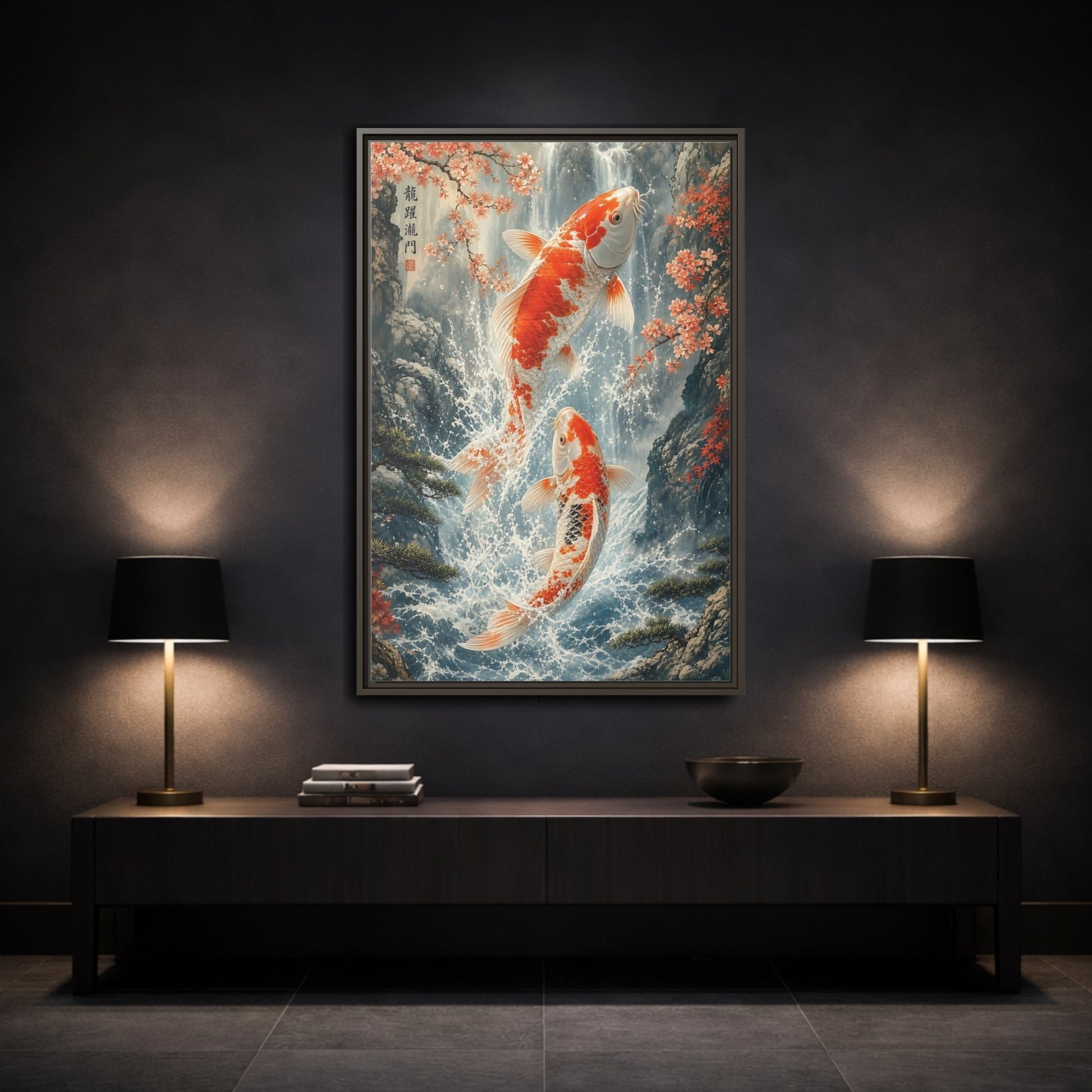 Nature Koi Fish Orange and White Framed Canvas Wall Art - Asian Living Room Above Sofa shown as canvas wall art