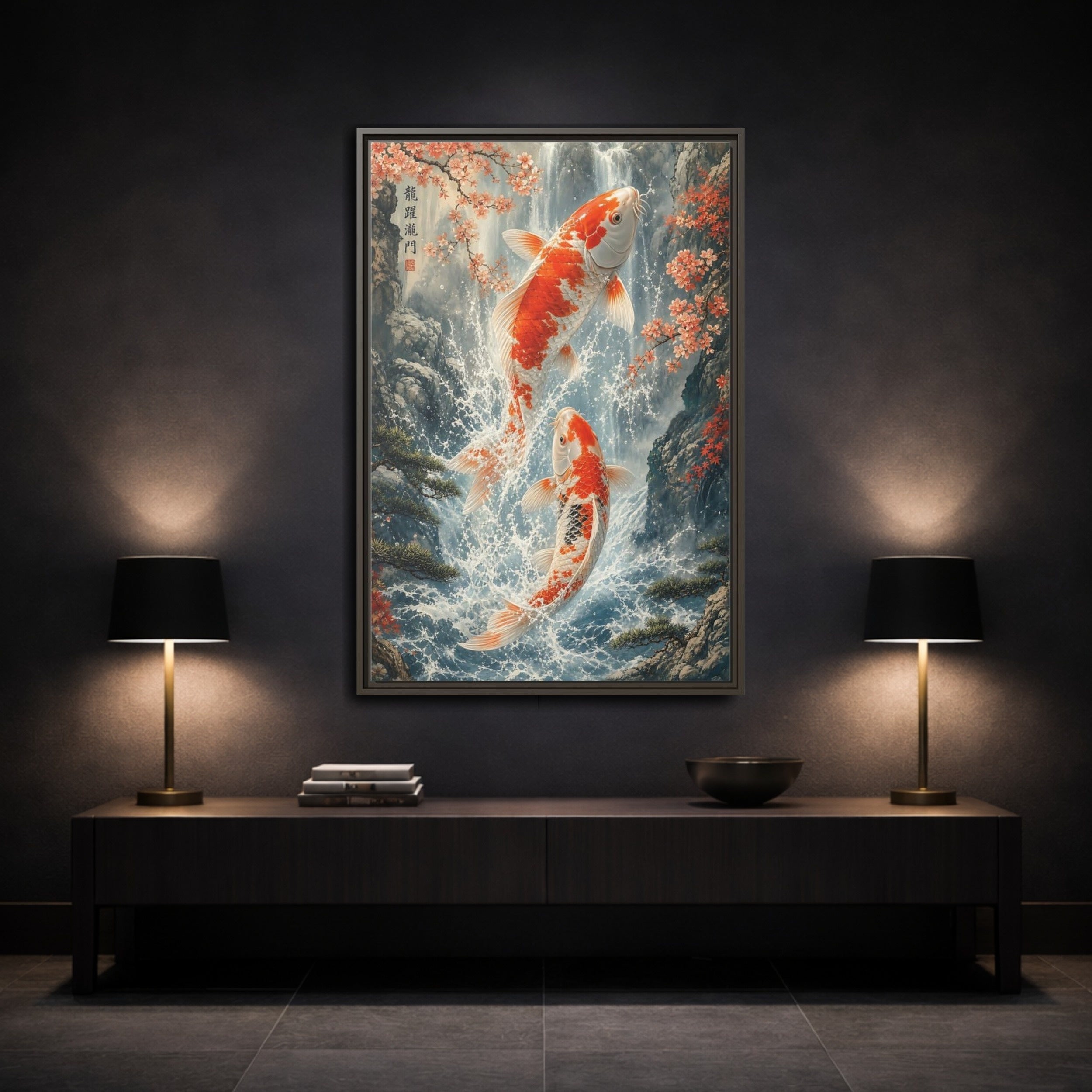 Mockup 3. Nature Koi Fish Orange And White Koi shown as stretched canvas wall art