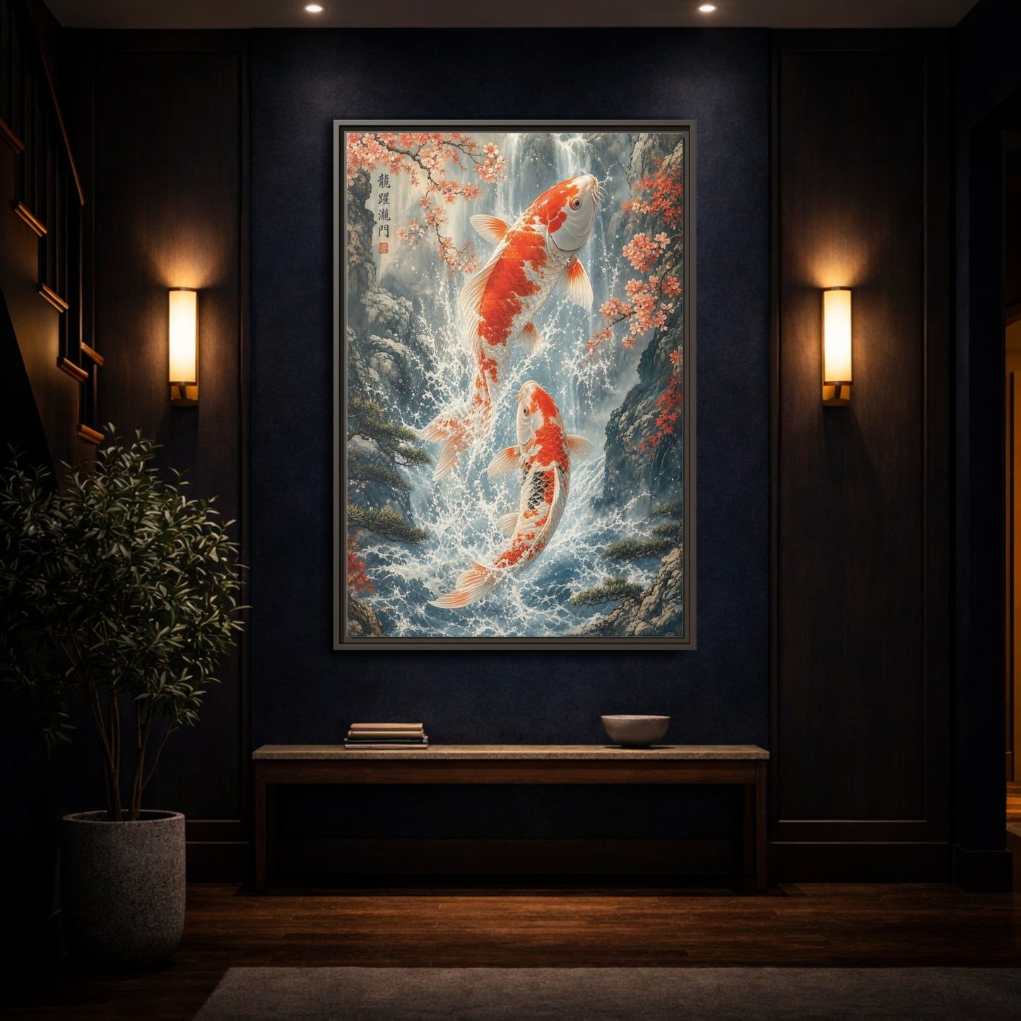 Nature Koi Fish Orange and White Framed Canvas Wall Art - Asian Living Room Above Sofa shown as canvas wall art