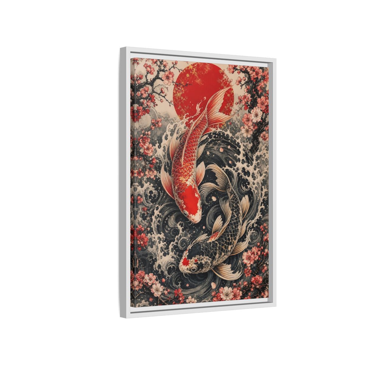 Side Mockup 1. Nature Koi Fish Red And Black Koi shown as stretched canvas wall art