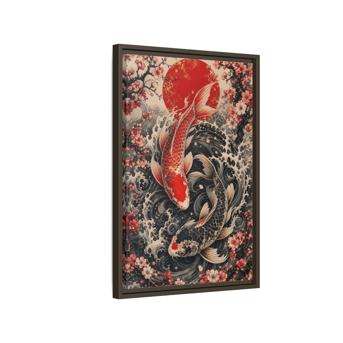 Side Mockup 2. Nature Koi Fish Red And Black Koi shown as stretched canvas wall art