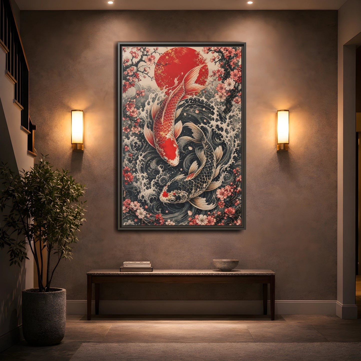 Mockup 2. Nature Koi Fish Red And Black Koi shown as stretched canvas wall art