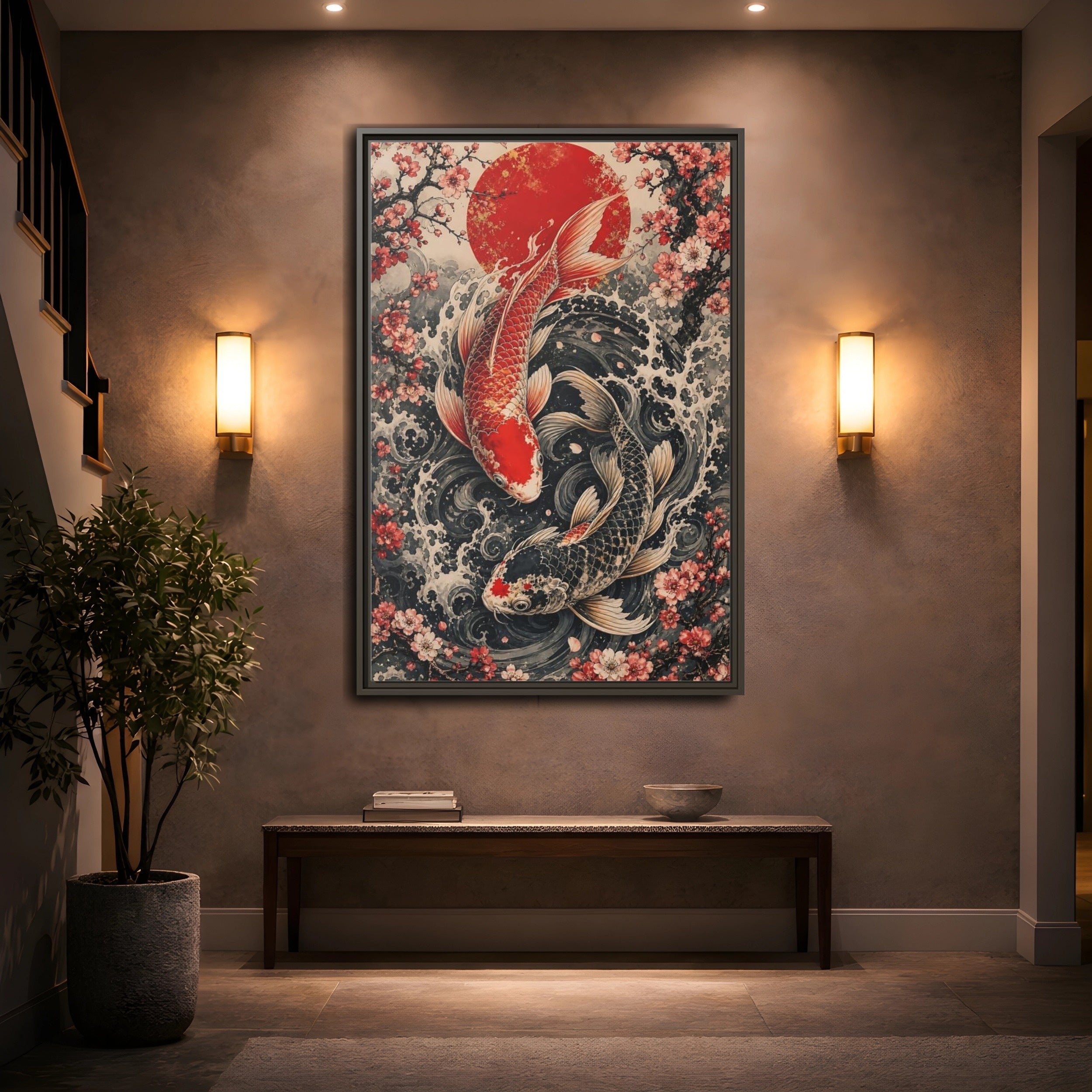 Mockup 2. Nature Koi Fish Red And Black Koi shown as stretched canvas wall art
