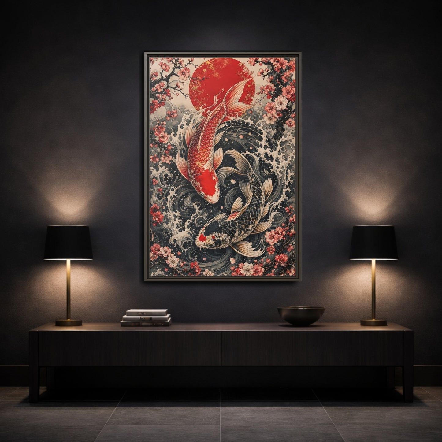 Mockup 3. Nature Koi Fish Red And Black Koi shown as stretched canvas wall art