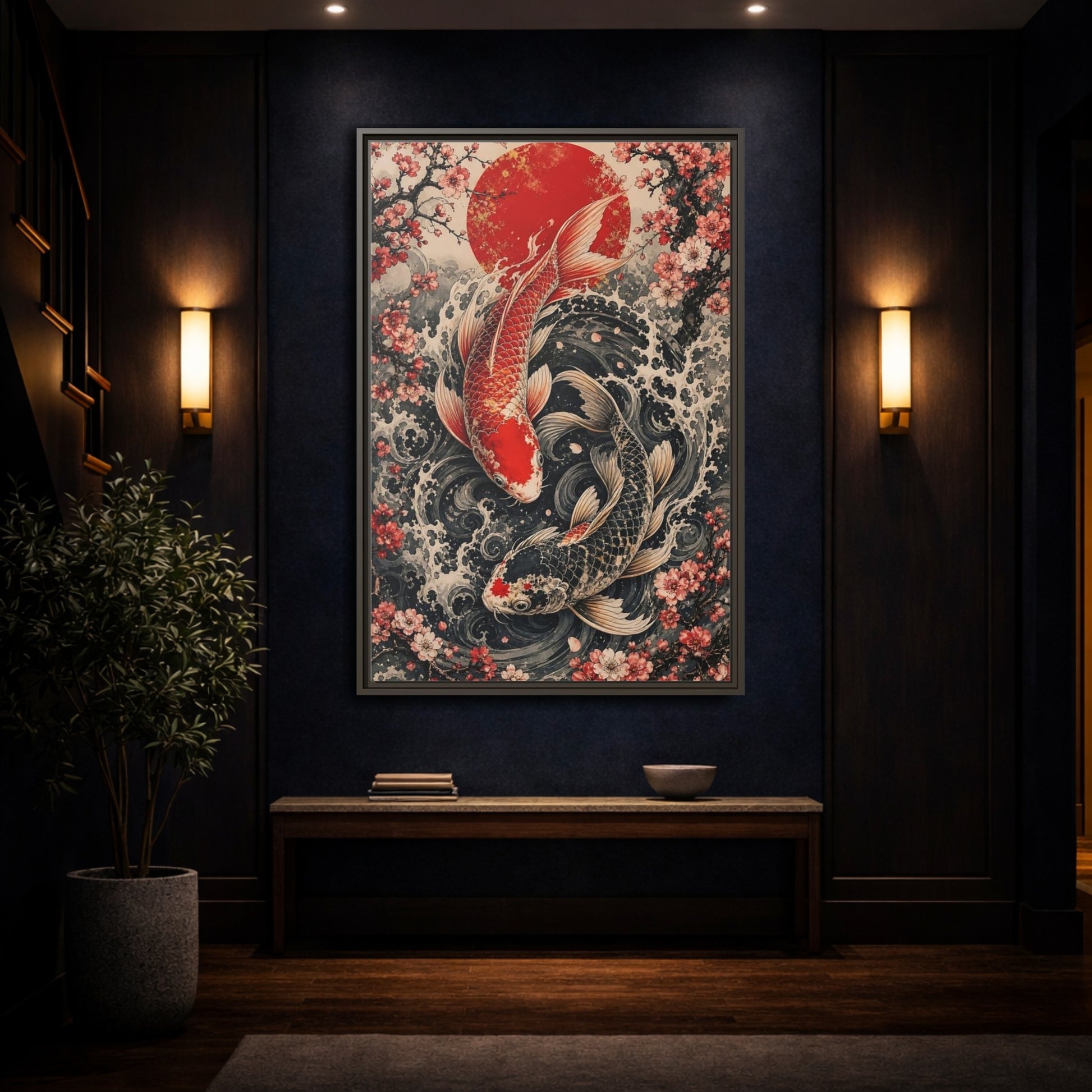 Mockup 4. Nature Koi Fish Red And Black Koi shown as stretched canvas wall art