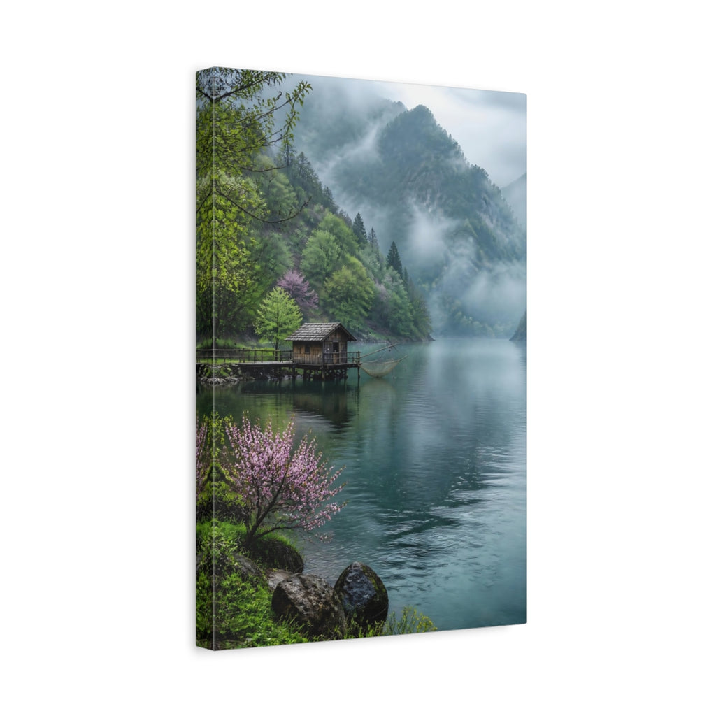 Side Mockup 4. Nature Lake Cabin Misty Lake Cabin shown as stretched canvas wall art