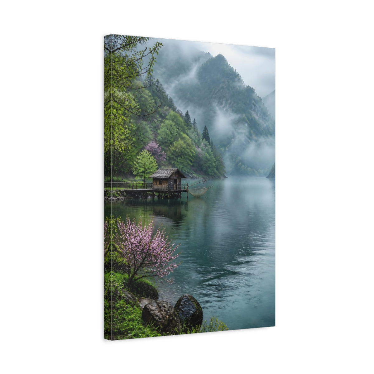 Side Mockup 3. Nature Lake Cabin Misty Lake Cabin shown as stretched canvas wall art