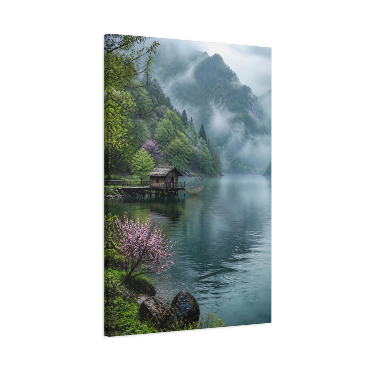 Main Mockup. Nature Lake Cabin Misty Lake Cabin shown as stretched canvas wall art