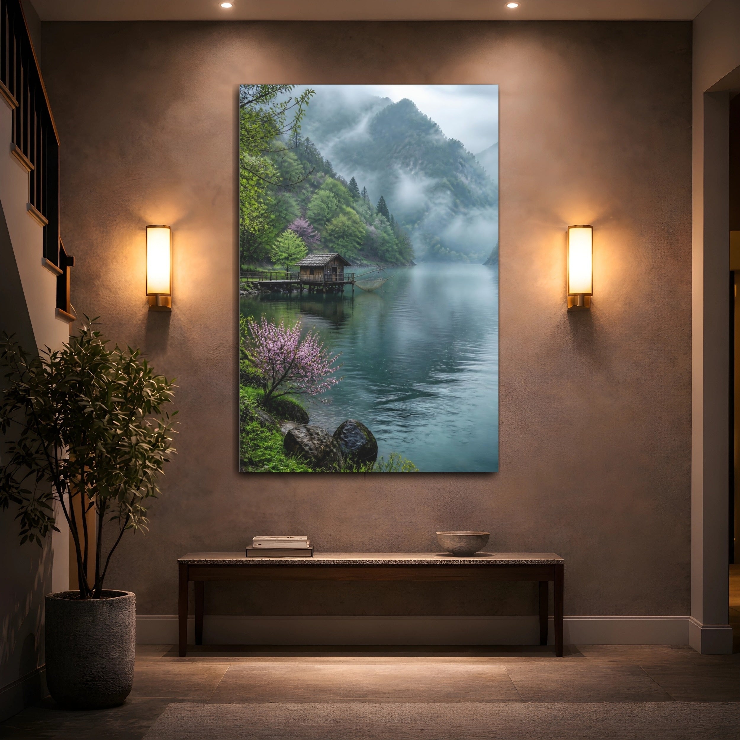 Mockup 2. Nature Lake Cabin Misty Lake Cabin shown as stretched canvas wall art