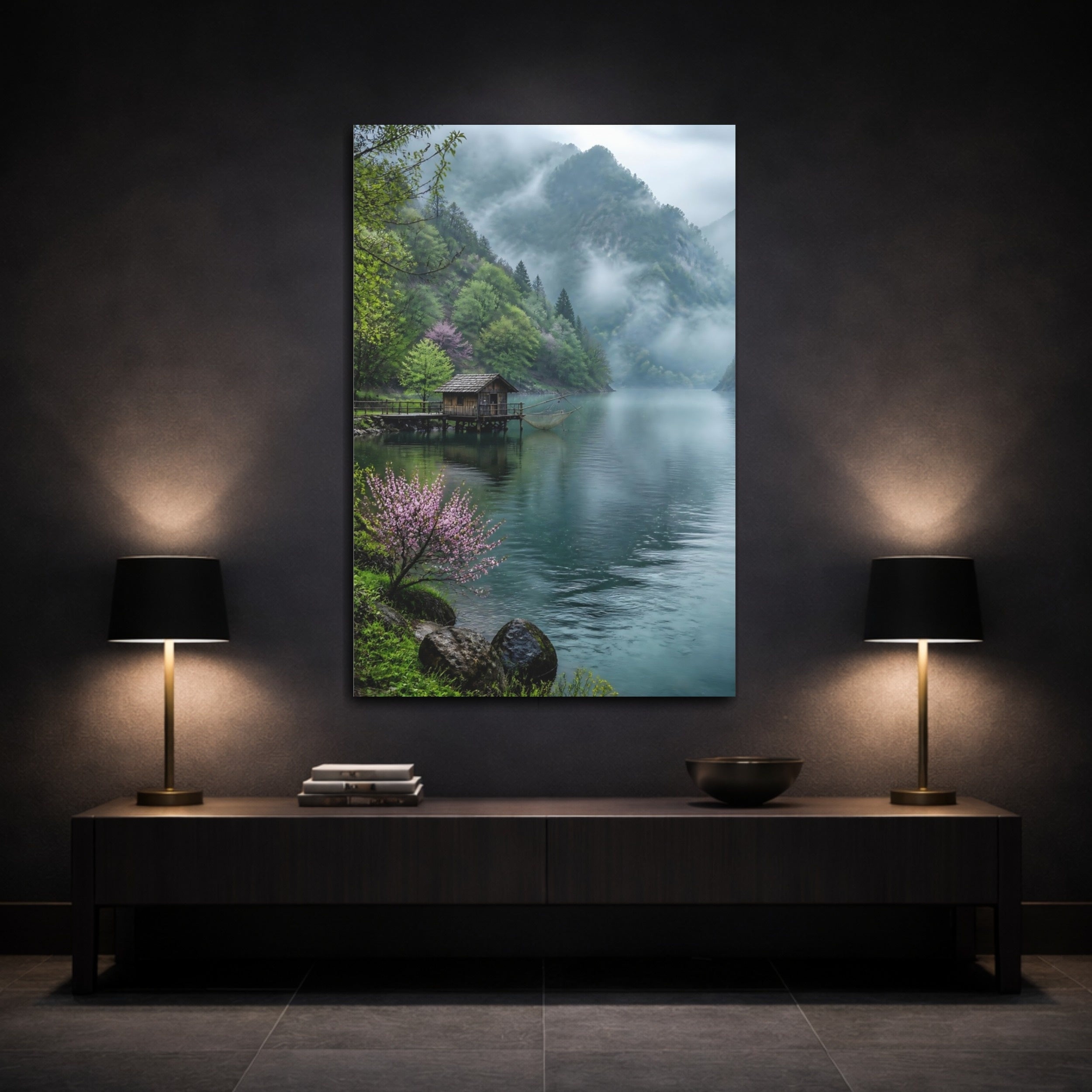 Mockup 3. Nature Lake Cabin Misty Lake Cabin shown as stretched canvas wall art