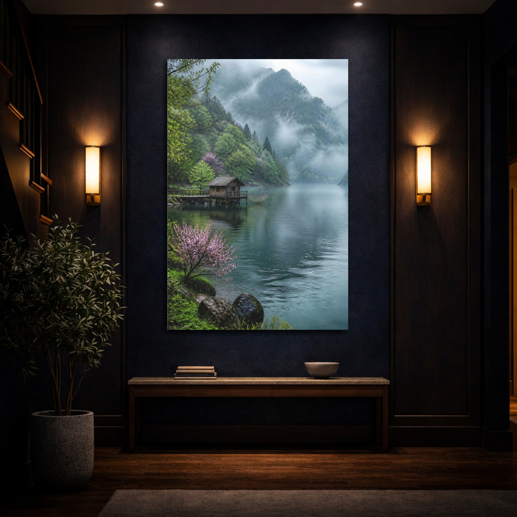 Mockup 4. Nature Lake Cabin Misty Lake Cabin shown as stretched canvas wall art