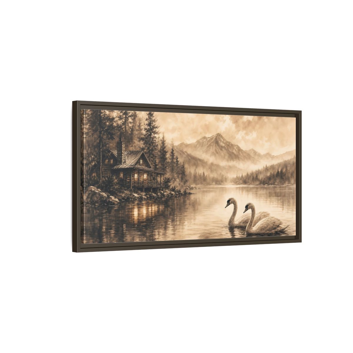 Main Mockup. Nature Lake Cabin Sepia Landscape shown as stretched canvas wall art