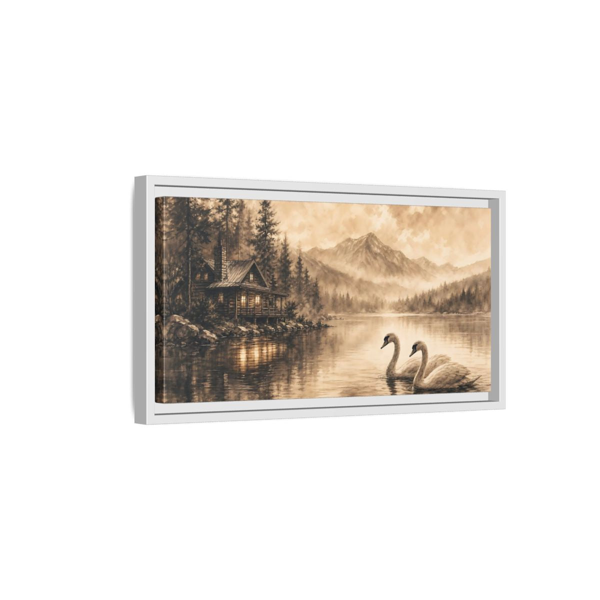 Side Mockup 6. Nature Lake Cabin Sepia Landscape shown as stretched canvas wall art