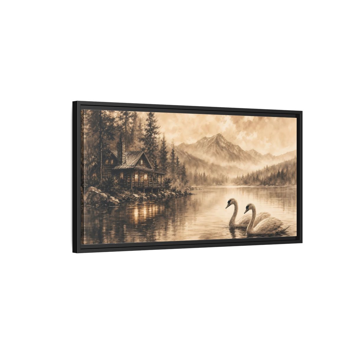 Side Mockup 2. Nature Lake Cabin Sepia Landscape shown as stretched canvas wall art