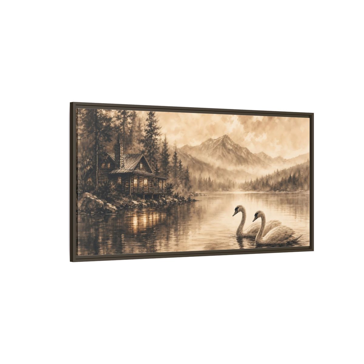 Side Mockup 4. Nature Lake Cabin Sepia Landscape shown as stretched canvas wall art