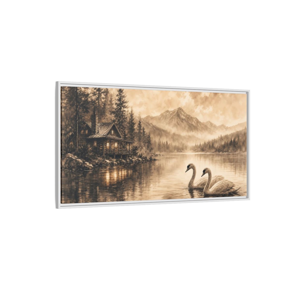 Side Mockup 3. Nature Lake Cabin Sepia Landscape shown as stretched canvas wall art