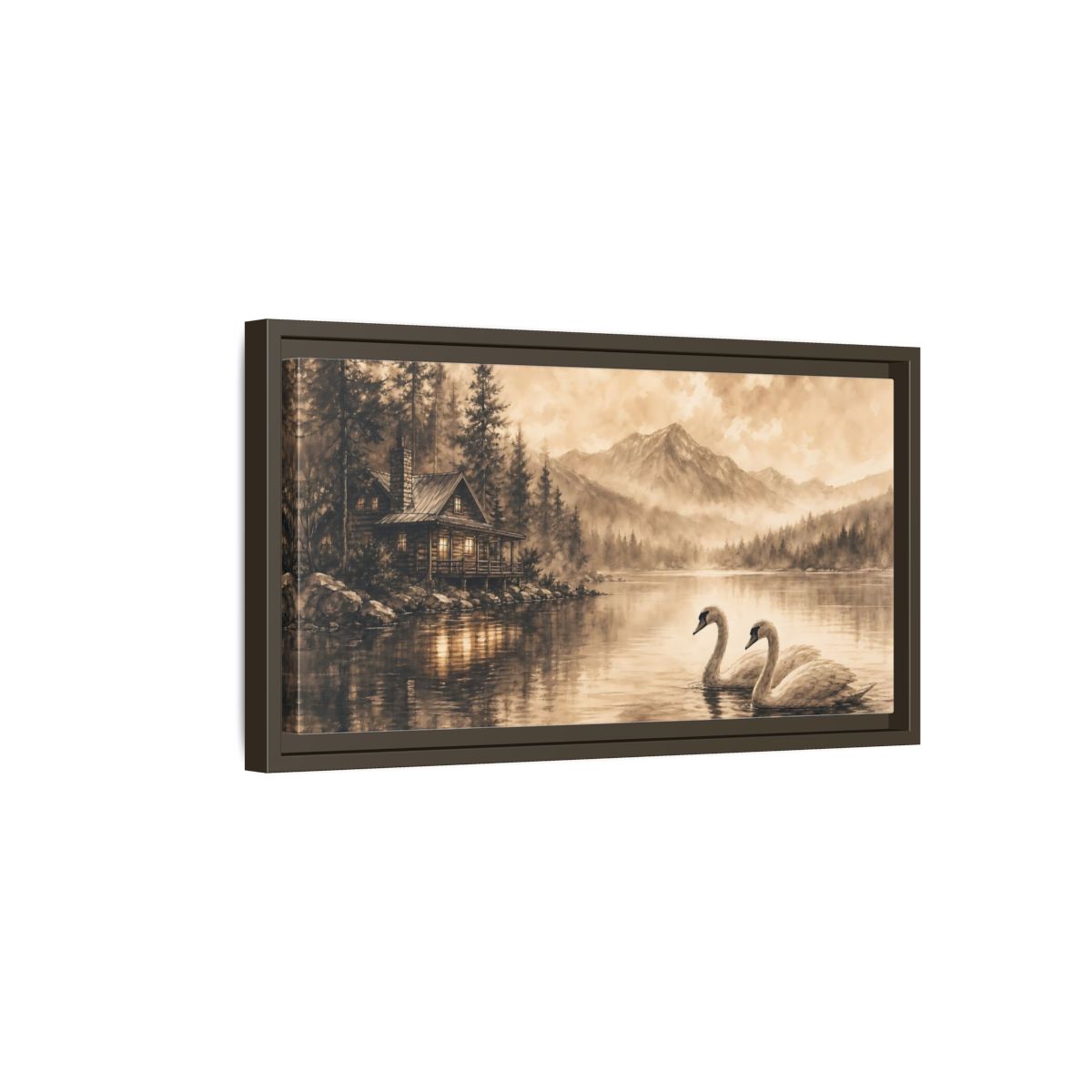 Side Mockup 7. Nature Lake Cabin Sepia Landscape shown as stretched canvas wall art