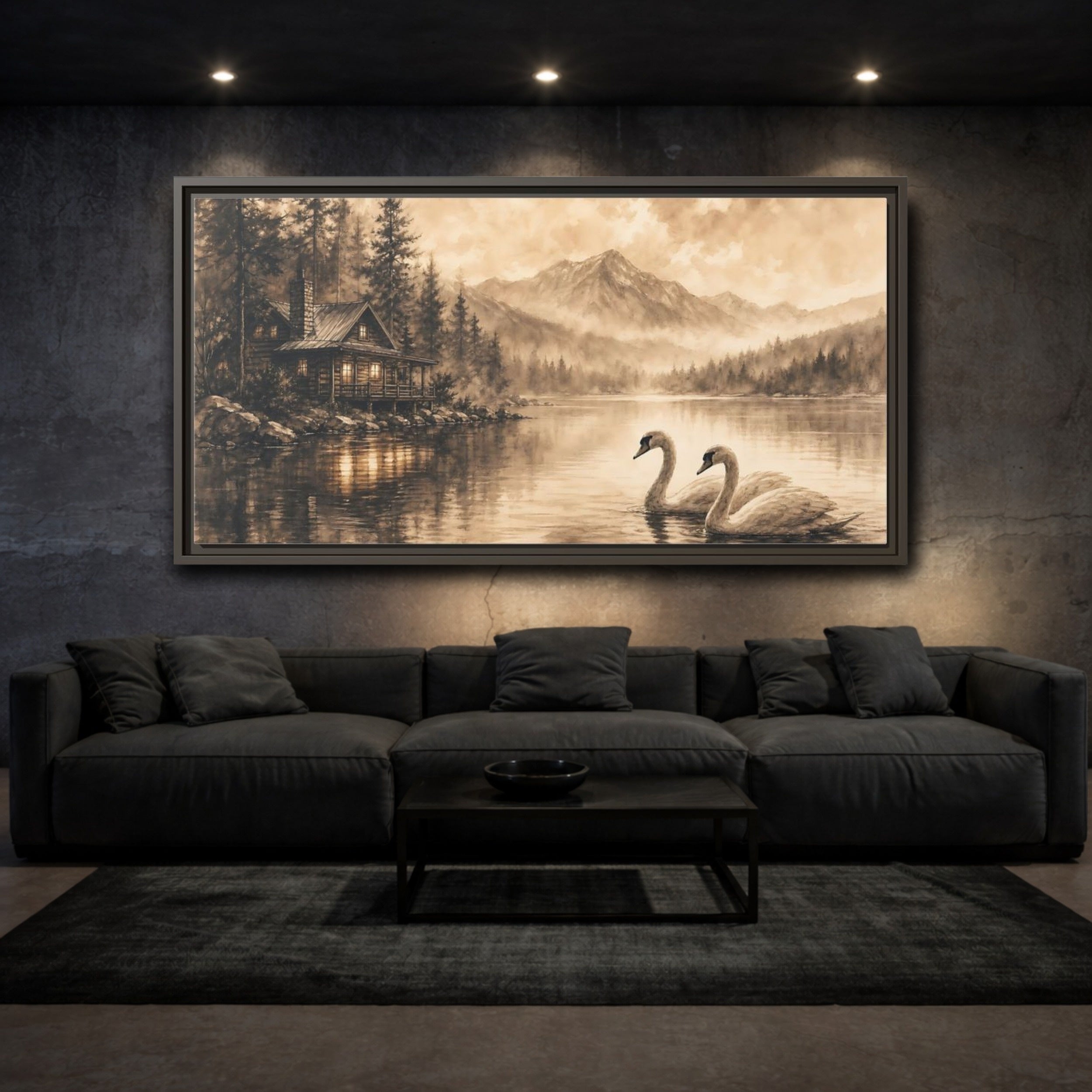 Mockup 2. Nature Lake Cabin Sepia Landscape shown as stretched canvas wall art