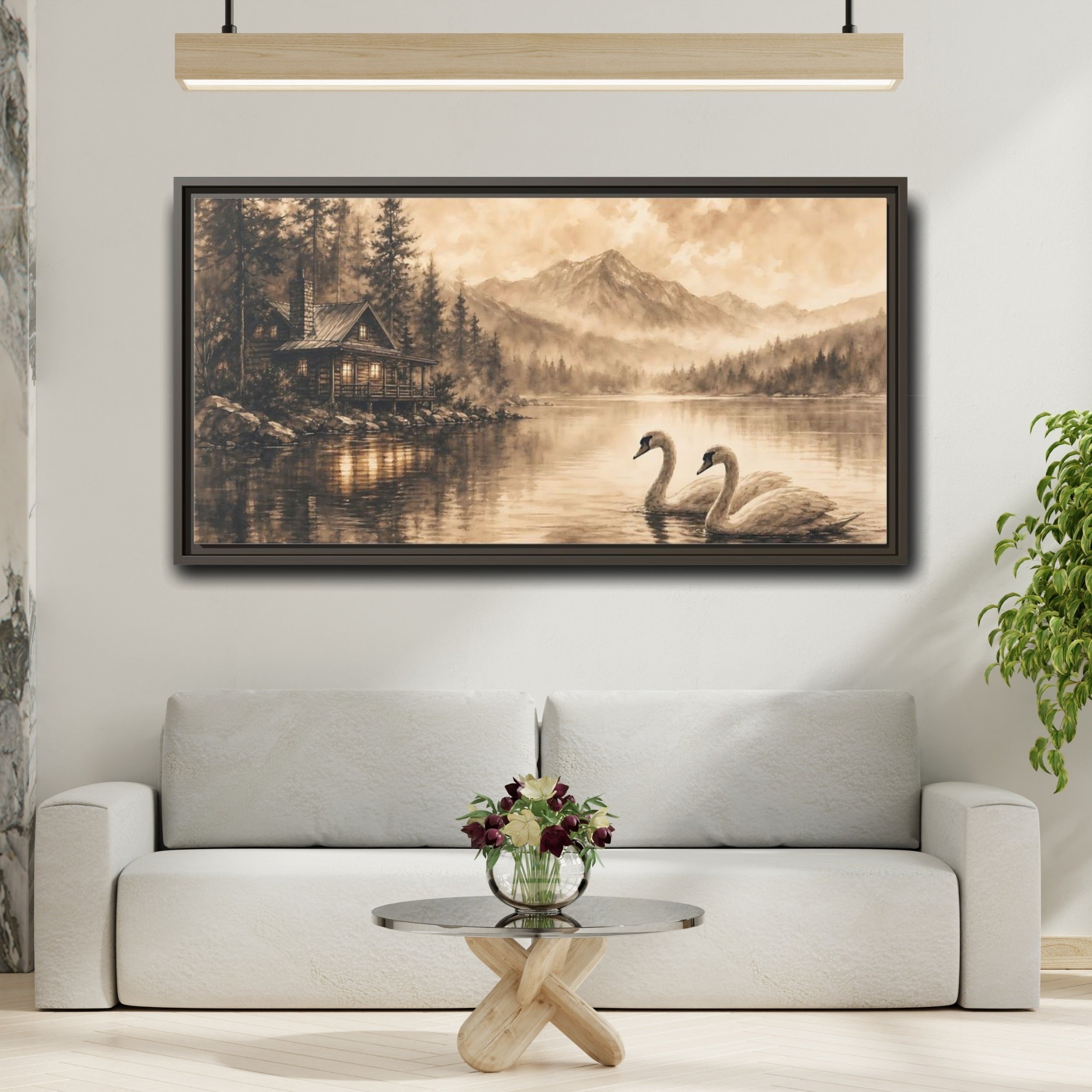 Mockup 3. Nature Lake Cabin Sepia Landscape shown as stretched canvas wall art