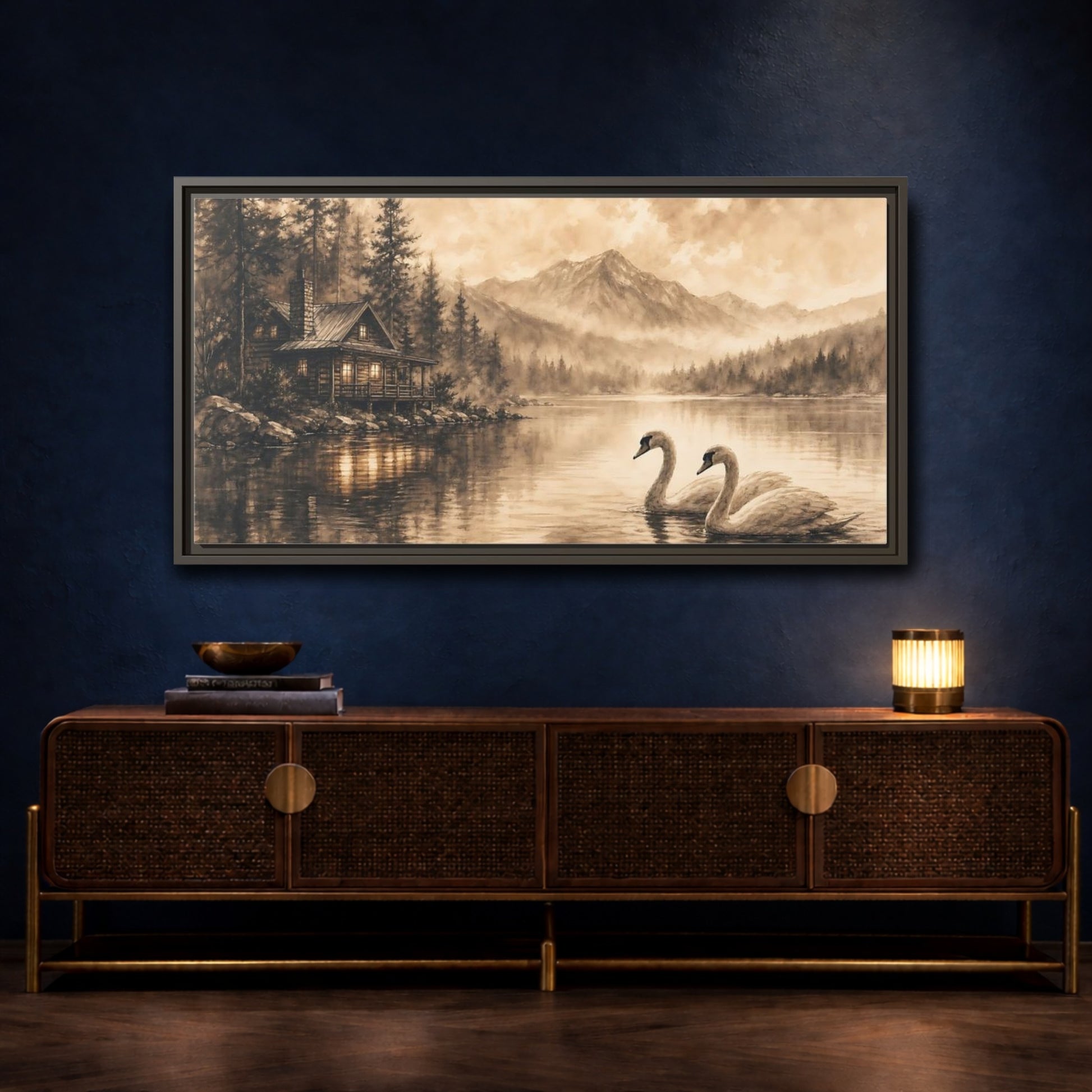 Mockup 4. Nature Lake Cabin Sepia Landscape shown as stretched canvas wall art
