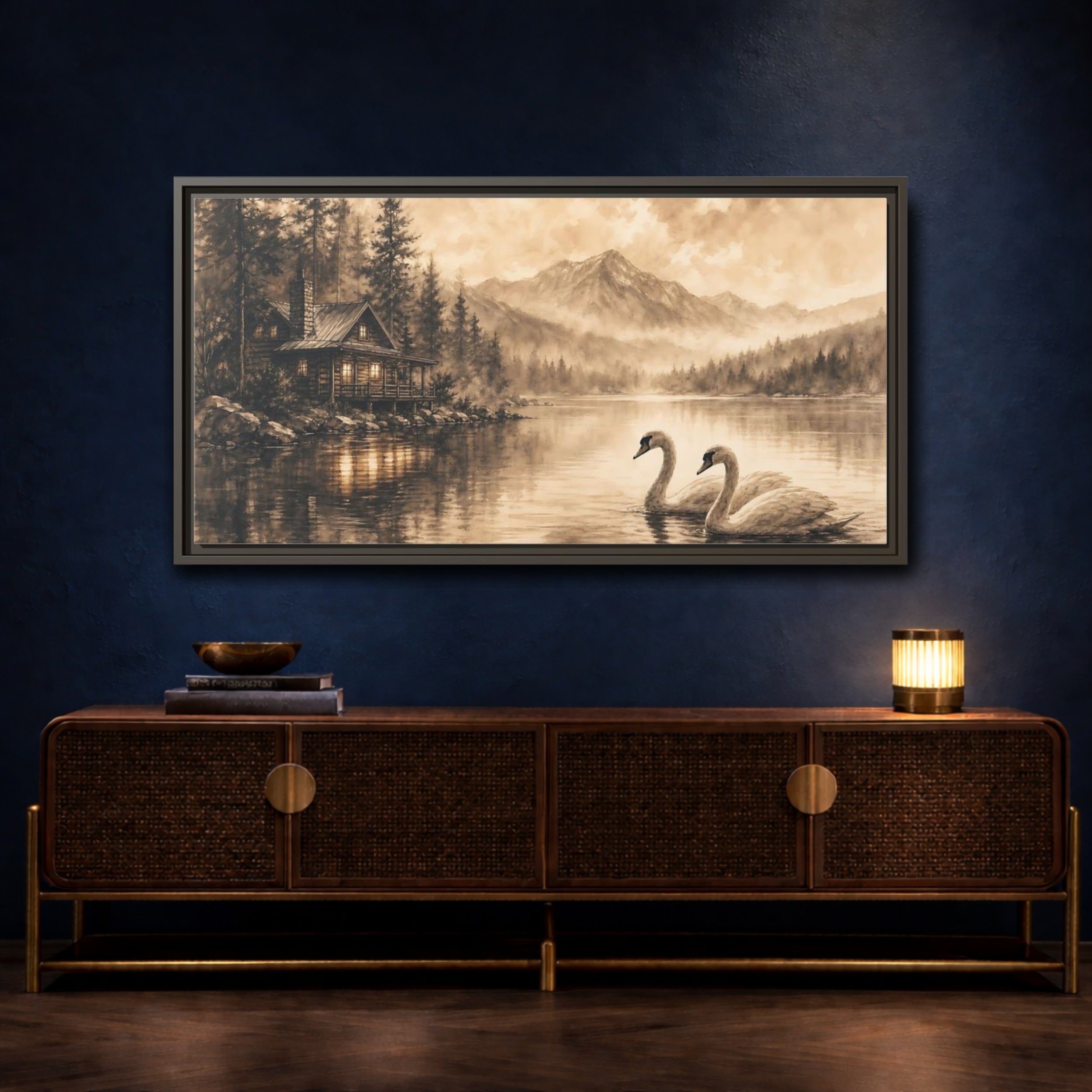 Mockup 4. Nature Lake Cabin Sepia Landscape shown as stretched canvas wall art