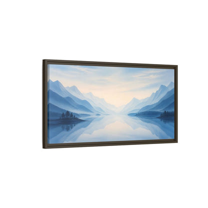 Main Mockup. Nature Lake Mountains Blue Misty Landscape shown as stretched canvas wall art