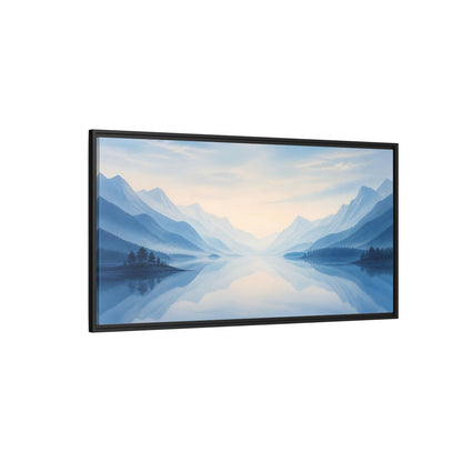 Side Mockup 5. Nature Lake Mountains Blue Misty Landscape shown as stretched canvas wall art