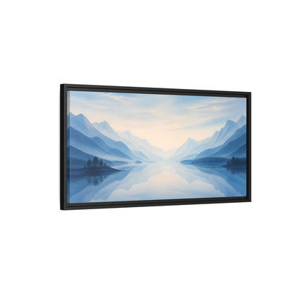 Side Mockup 2. Nature Lake Mountains Blue Misty Landscape shown as stretched canvas wall art